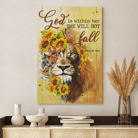 Lion With Sunflower God Is Within Her She Will Not Fall Canvas Wall Art - Christian Wall Posters - Religious Wall Decor