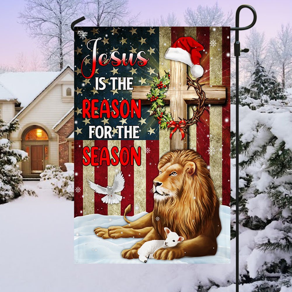 Lion of Judah Jesus Christ Cross Christmas Flag Jesus Is The Reason For The Season - Religious Christmas House Flags