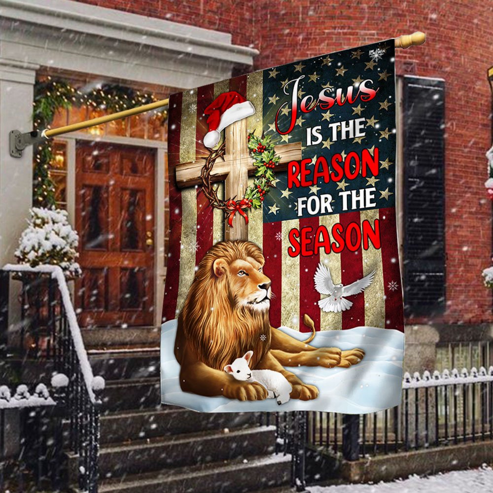 Lion of Judah Jesus Christ Cross Christmas Flag Jesus Is The Reason For The Season - Religious Christmas House Flags