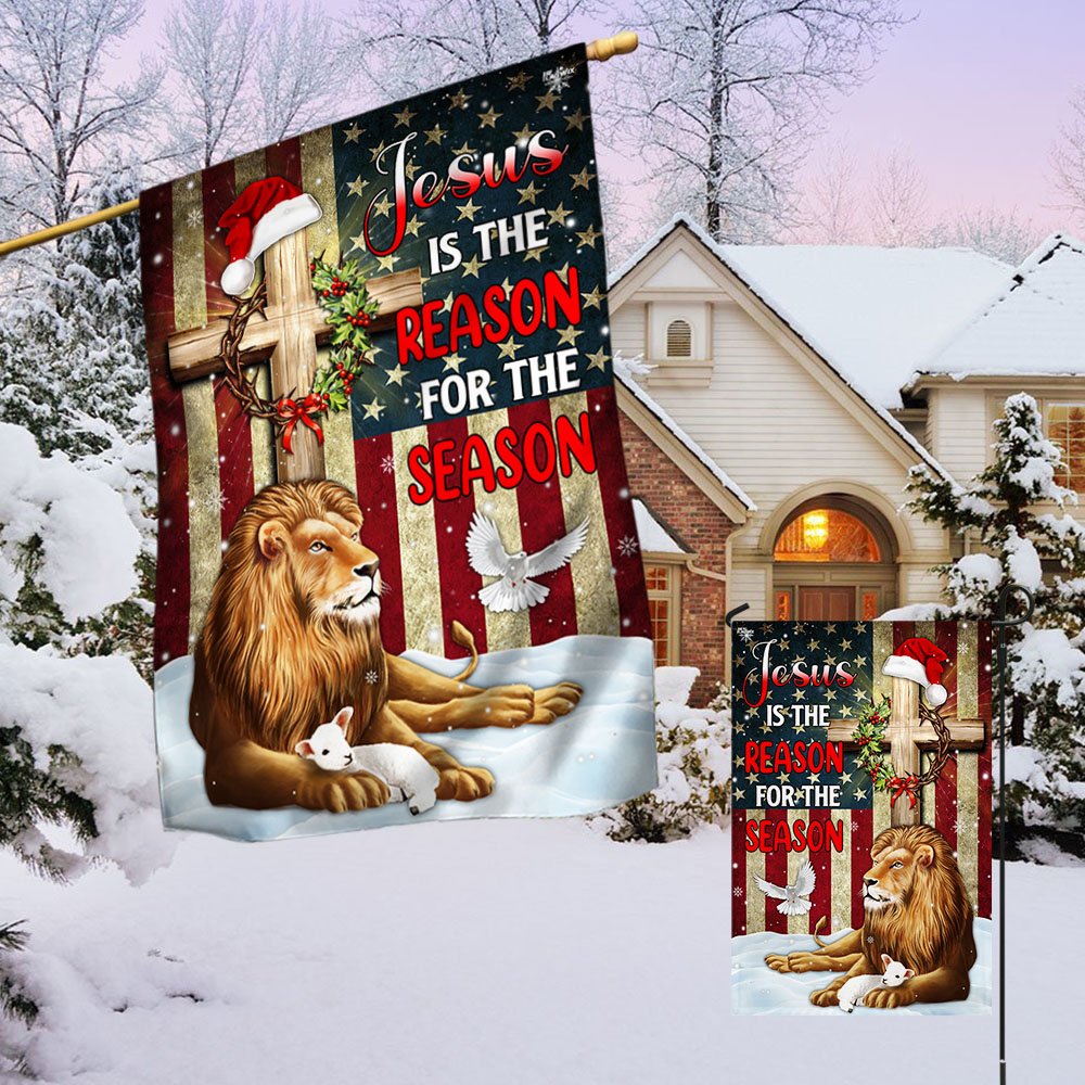 Lion of Judah Jesus Christ Cross Christmas Flag Jesus Is The Reason For The Season - Religious Christmas House Flags
