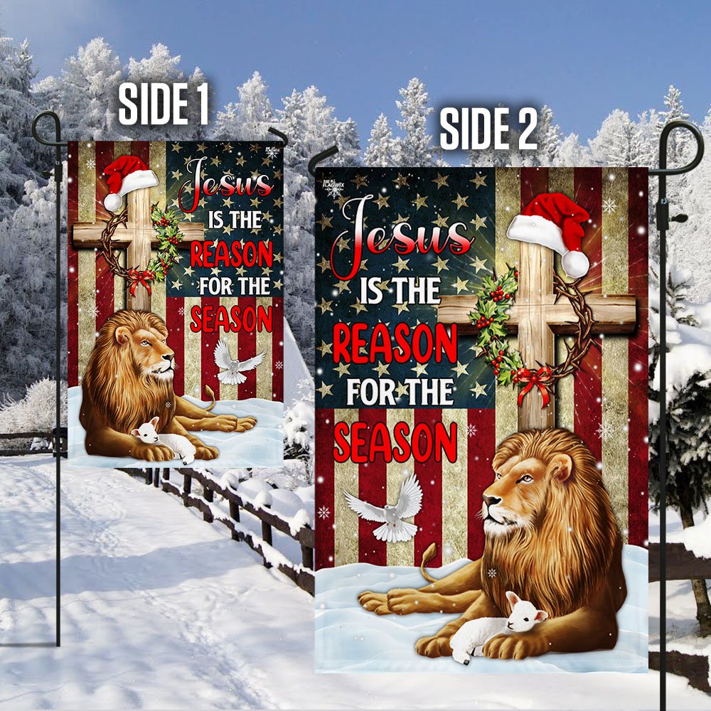 Lion of Judah Jesus Christ Cross Christmas Flag Jesus Is The Reason For The Season - Religious Christmas House Flags