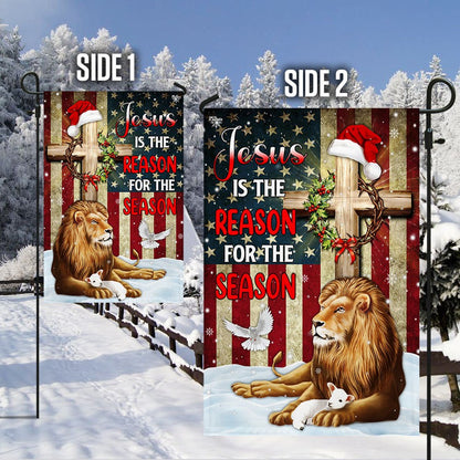 Lion of Judah Jesus Christ Cross Christmas Flag Jesus Is The Reason For The Season - Religious Christmas House Flags