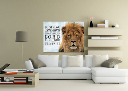 Lions Stare Joshua 19 Be Strong And Courageous Wall Art - Christian Canvas Wall Art