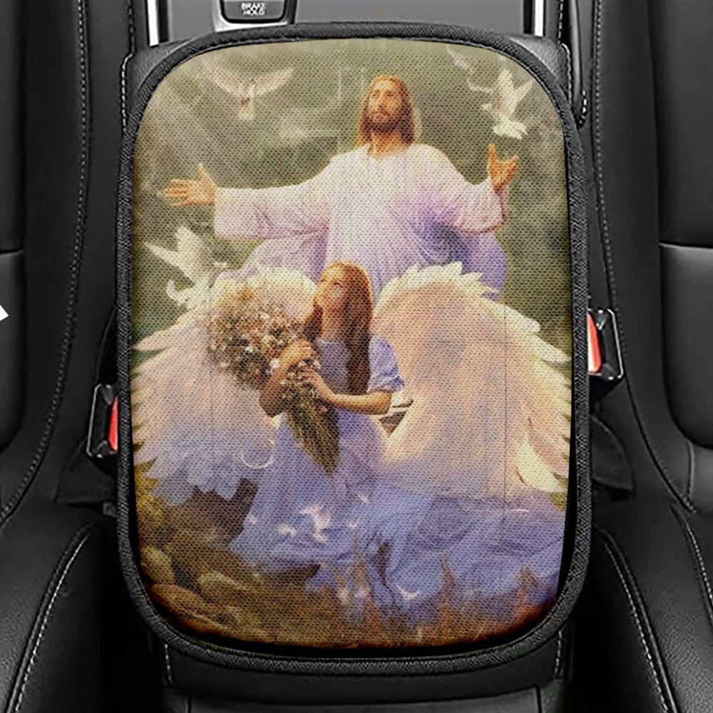 Little Angel Jesus Magic Forest Pray For Healing Car Center Console Cover, Christian Armrest Seat Cover, Bible Seat Box Cover