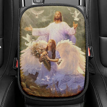 Little Angel Jesus Magic Forest Pray For Healing Car Center Console Cover, Christian Armrest Seat Cover, Bible Seat Box Cover