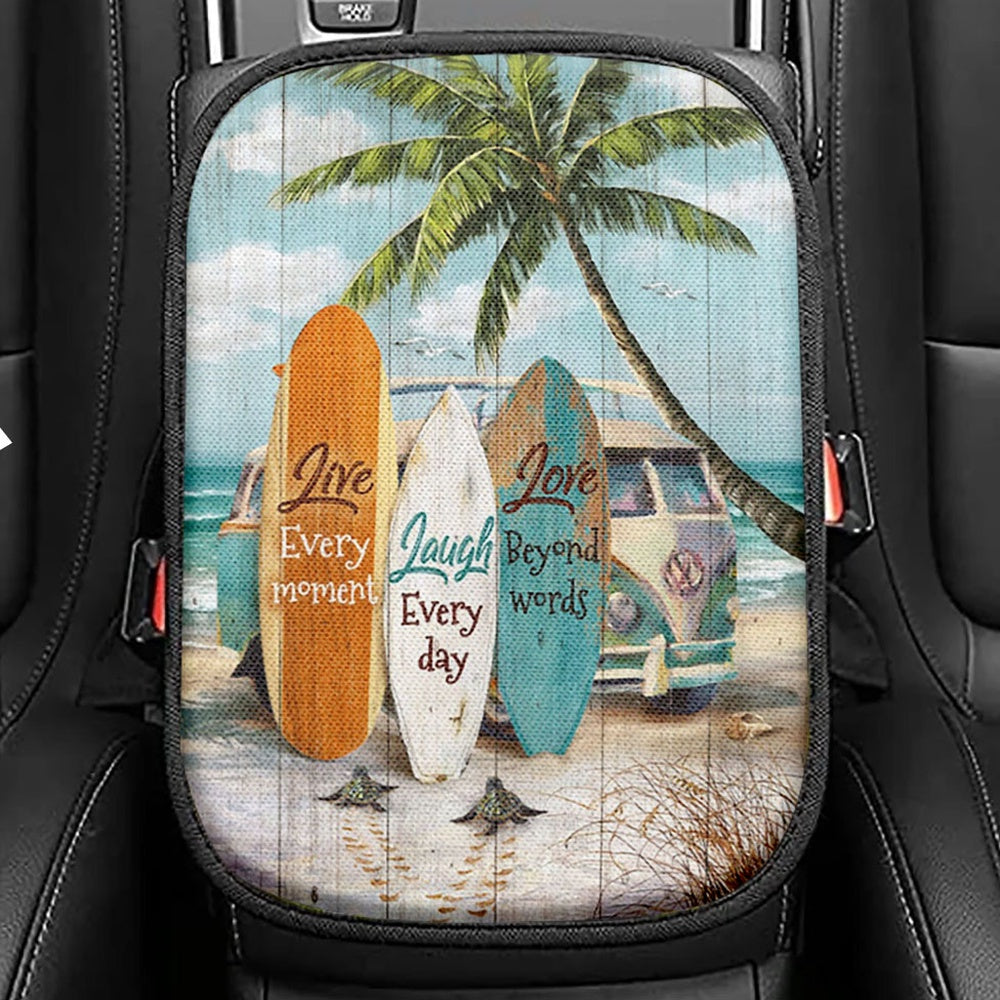 Live Every Moment Beach Little Sea Turtle Surfboard Seat Box Cover, Christian Car Center Console Cover, Bible Verse Car Interior Accessories
