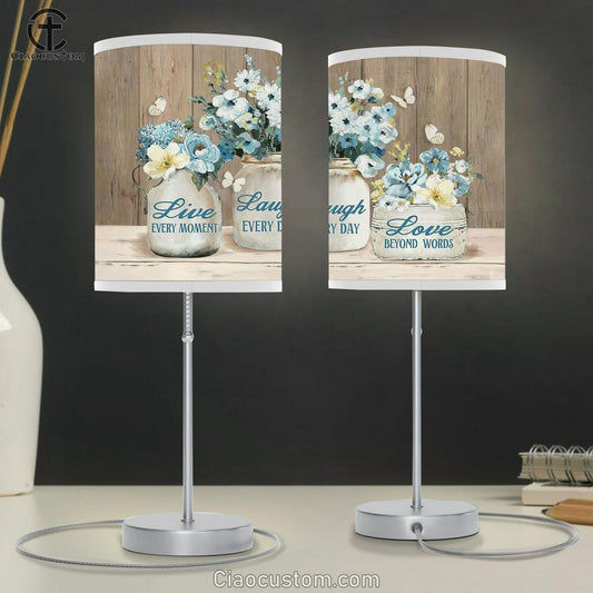 Live Every Moment Laugh Every Day Pastel Flower Blue Butterfly Table Lamp Art - Christian Lamp Art Decor - Bible Verse Table Lamp