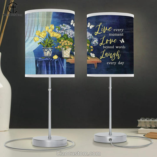 Live Every Moment Love Beyond Words Laugh Every Day Yellow Rose Hydrangea Table Lamp Art - Bible Verse Lamp Art - Room Decor Christian