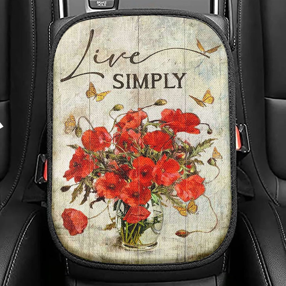 Live Simply Poppy Flower Yellow Butterfly Seat Box Cover, Inspirational Car Center Console Cover, Christian Car Interior Accessories
