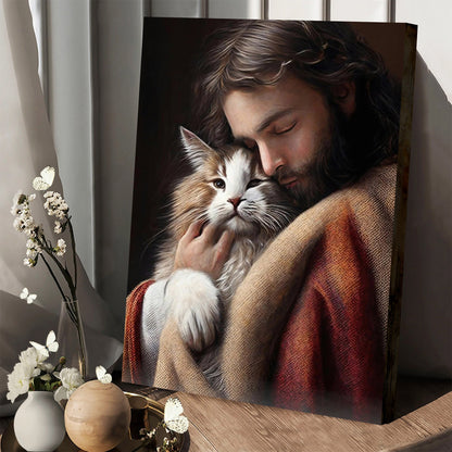 Lord Jesus Christ Hugs an Adorable Cat Christian Bible - Jesus Canvas Art - Christian Wall Canvas