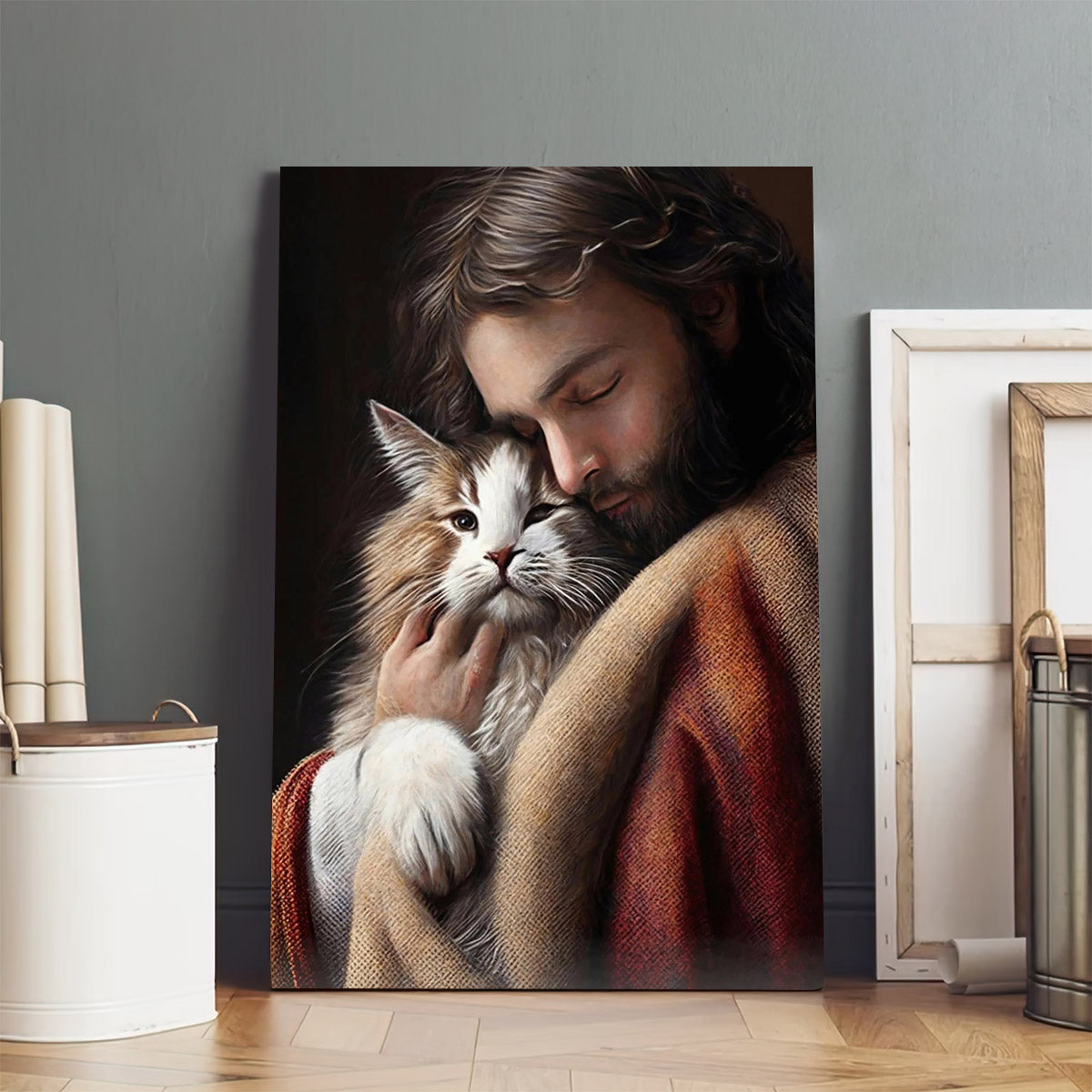 Lord Jesus Christ Hugs an Adorable Cat Christian Bible - Jesus Canvas Art - Christian Wall Canvas