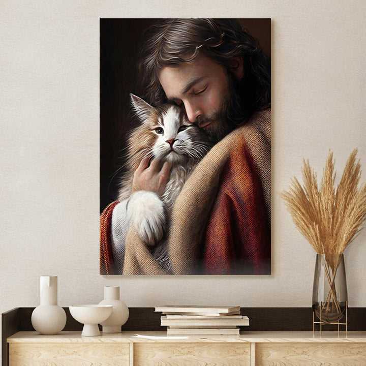 Lord Jesus Christ Hugs an Adorable Cat Christian Bible - Jesus Canvas Art - Christian Wall Canvas