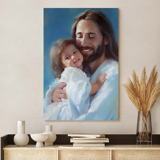 Lord Jesus Is Holding A Child In His Arms With A Warm Smile On His Face - Canvas Pictures - Jesus Canvas Art - Christian Wall Art