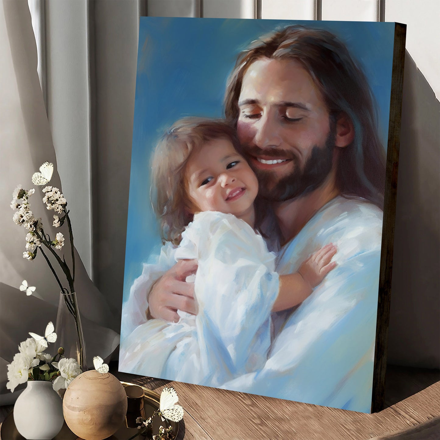 Lord Jesus Is Holding A Child In His Arms With A Warm Smile On His Face - Canvas Pictures - Jesus Canvas Art - Christian Wall Art
