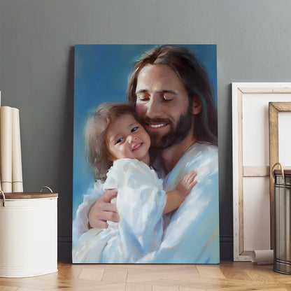 Lord Jesus Is Holding A Child In His Arms With A Warm Smile On His Face - Canvas Pictures - Jesus Canvas Art - Christian Wall Art