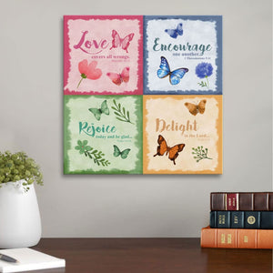 Love Encourage Rejoice Delight Butterfly Canvas Wall Art - Bible Verse Wall Art - Christian Decor