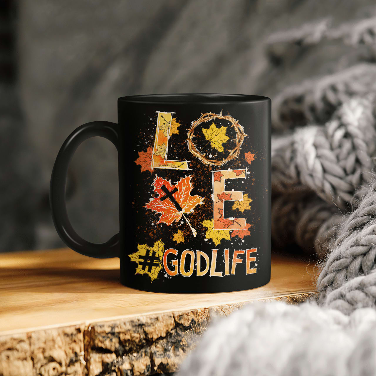Love, Godlife, Fall Leaves, Crown Of Thorns, God Mug, Jesus Mug, Faith Mug