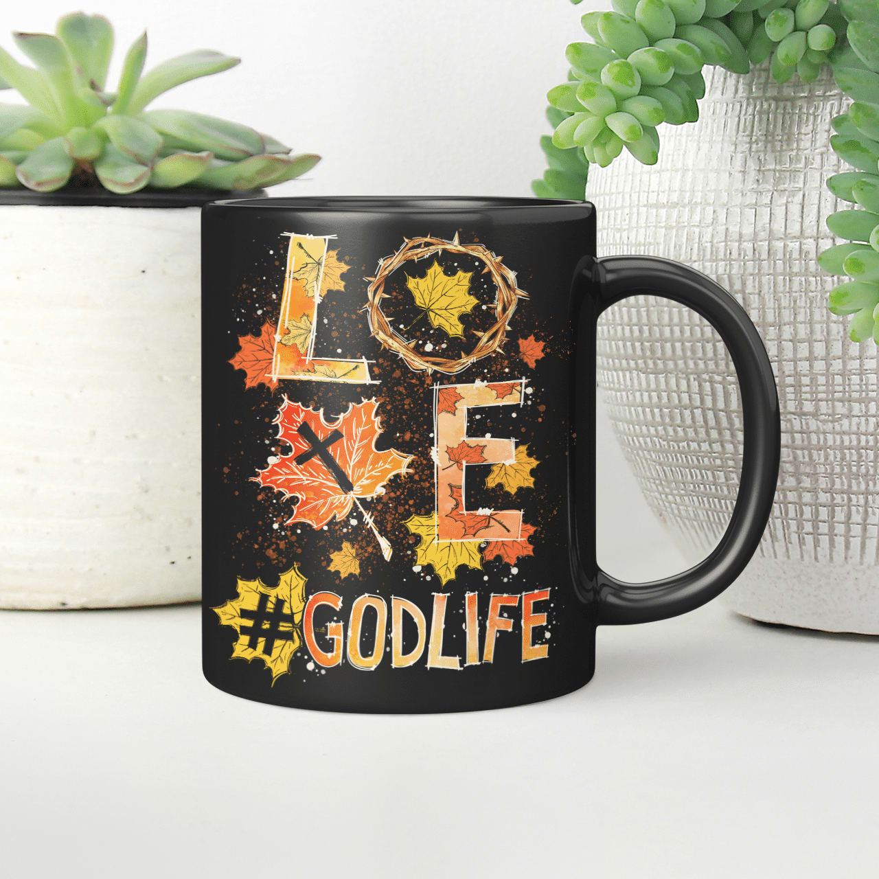 Love, Godlife, Fall Leaves, Crown Of Thorns, God Mug, Jesus Mug, Faith Mug