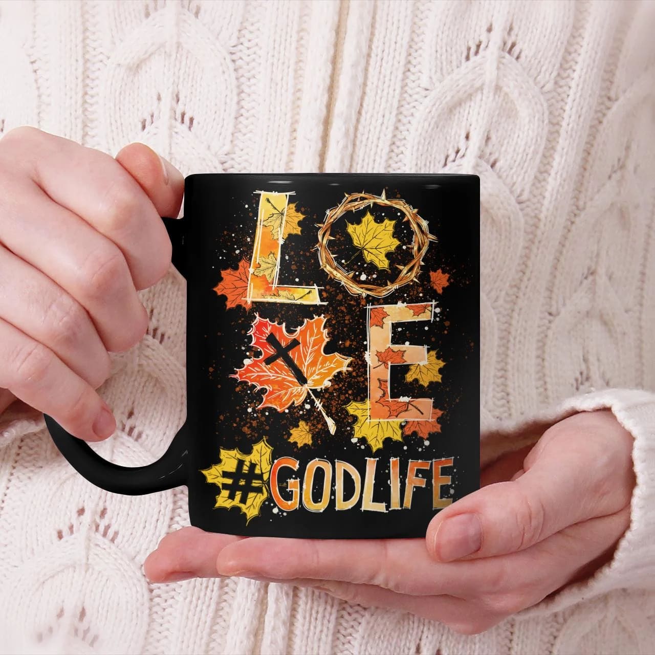 Love, Godlife, Fall Leaves, Crown Of Thorns, God Mug, Jesus Mug, Faith Mug
