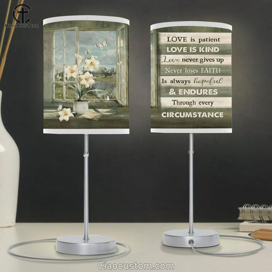 Love Is Patient Love Is Kind White Lily Butterfly Table Lamp Art - Bible Verse Lamp Art - Room Decor Christian