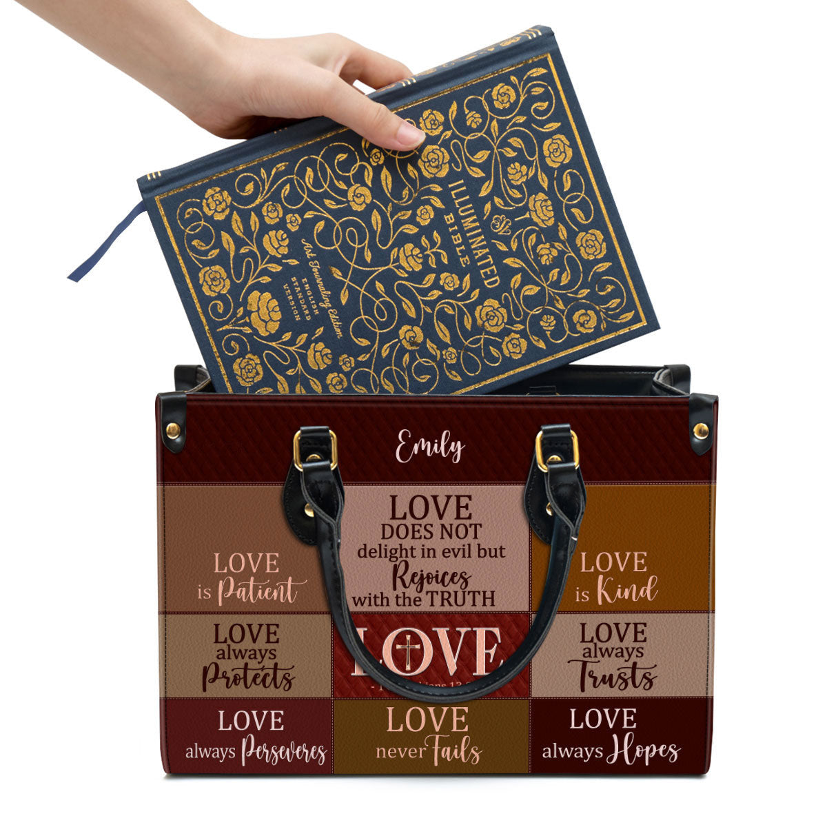 Love Is Patient Personalized Leather Handbag With Handle Spiritual Gifts For Christian Women