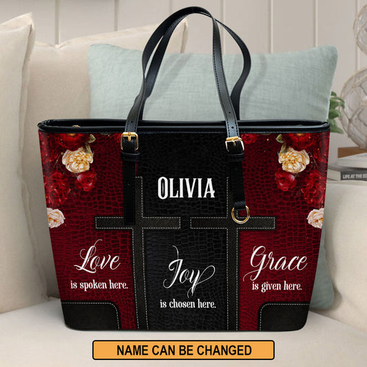 Love Is Spoken Here Personalized Large Leather Tote Bag - Christian Inspirational Gifts For Women