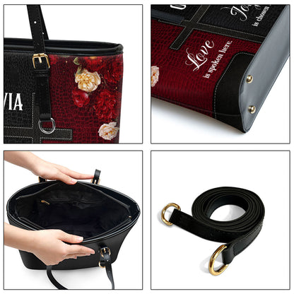 Love Is Spoken Here Personalized Large Leather Tote Bag - Christian Inspirational Gifts For Women