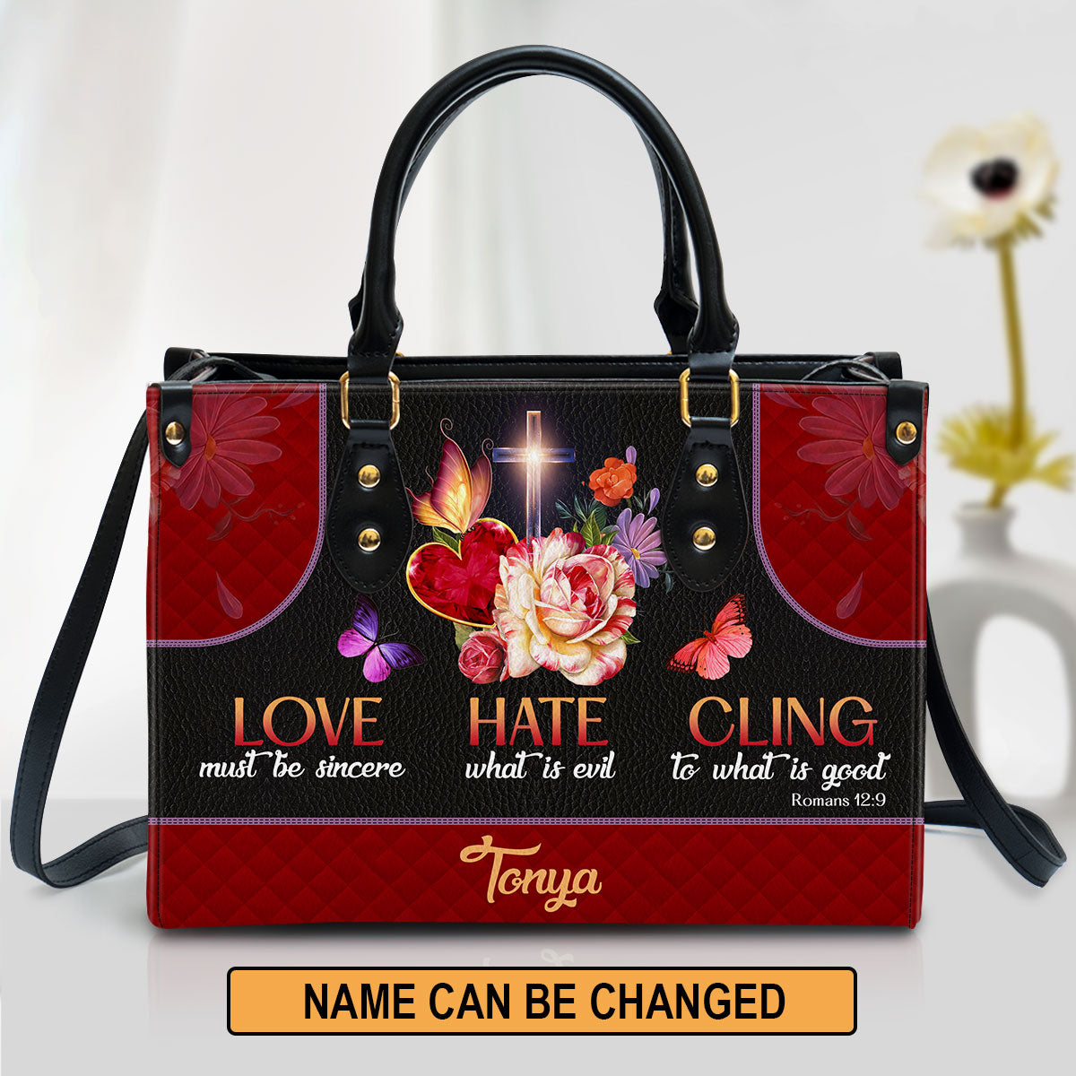 Love Must Be Sincere Personalized Leather Handbag With Handle Romans 129 Bible Verse Gifts For Christian Woman