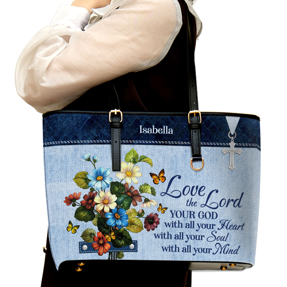 Love The Lord Your God With All Your Heart Personalized Large Leather Tote Bag Matthew 2237 - Christian Inspirational Gifts For Women