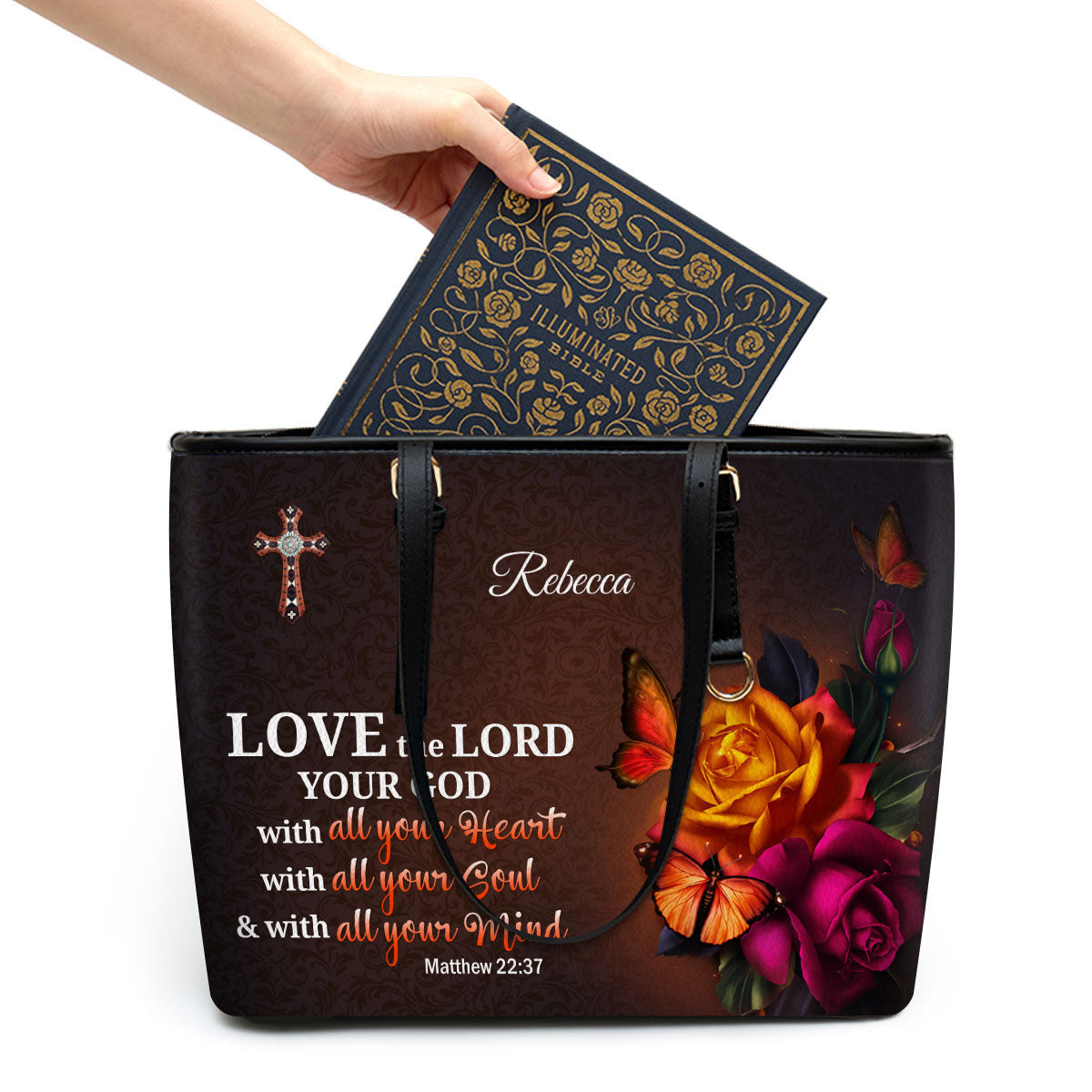 Love The Lord Your God With All Your Heart Personalized Pu Leather Tote Bag For Women - Mom Gifts For Mothers Day