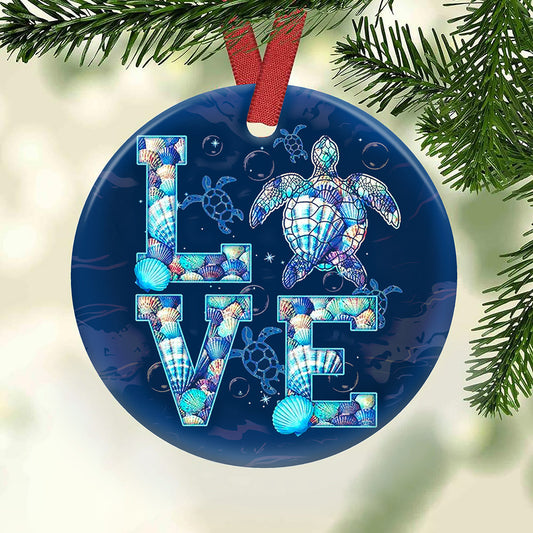 Love Turtle Ceramic Circle Ornament - Decorative Ornament - Christmas Ornament