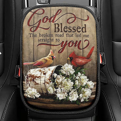 Lovely Cardinal Painting, Gorgeous Peony, God Blessed The Broken Road Car Center Console Cover, Christian Armrest Seat Cover, Bible Seat Box Cover