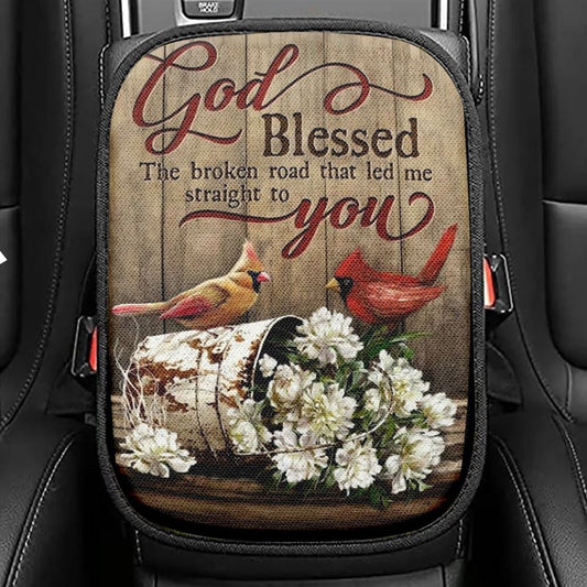 Lovely Cardinal Painting, Gorgeous Peony, God Blessed The Broken Road Car Center Console Cover, Christian Armrest Seat Cover, Bible Seat Box Cover