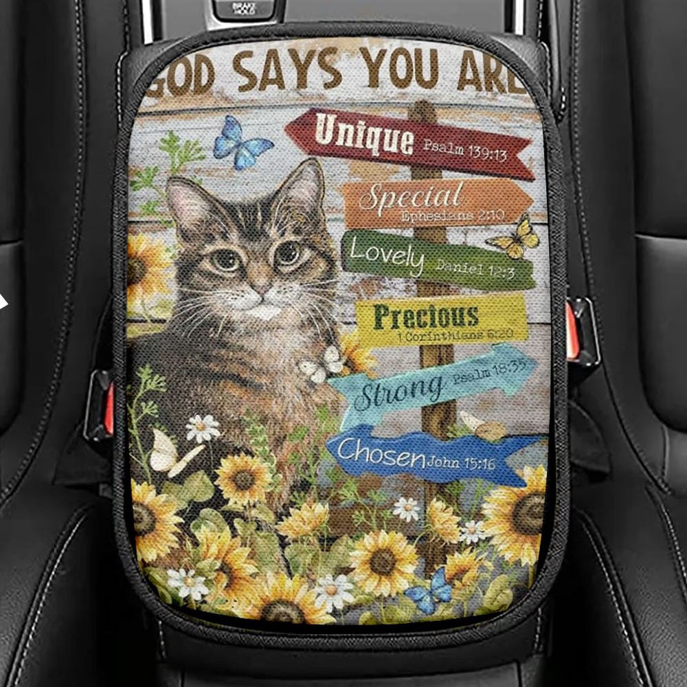 Lovely Cat, Sunflower Garden, Pretty Butterfly, God Says You AreCar Center Console Cover, Christian Armrest Seat Cover, Bible Seat Box Cover