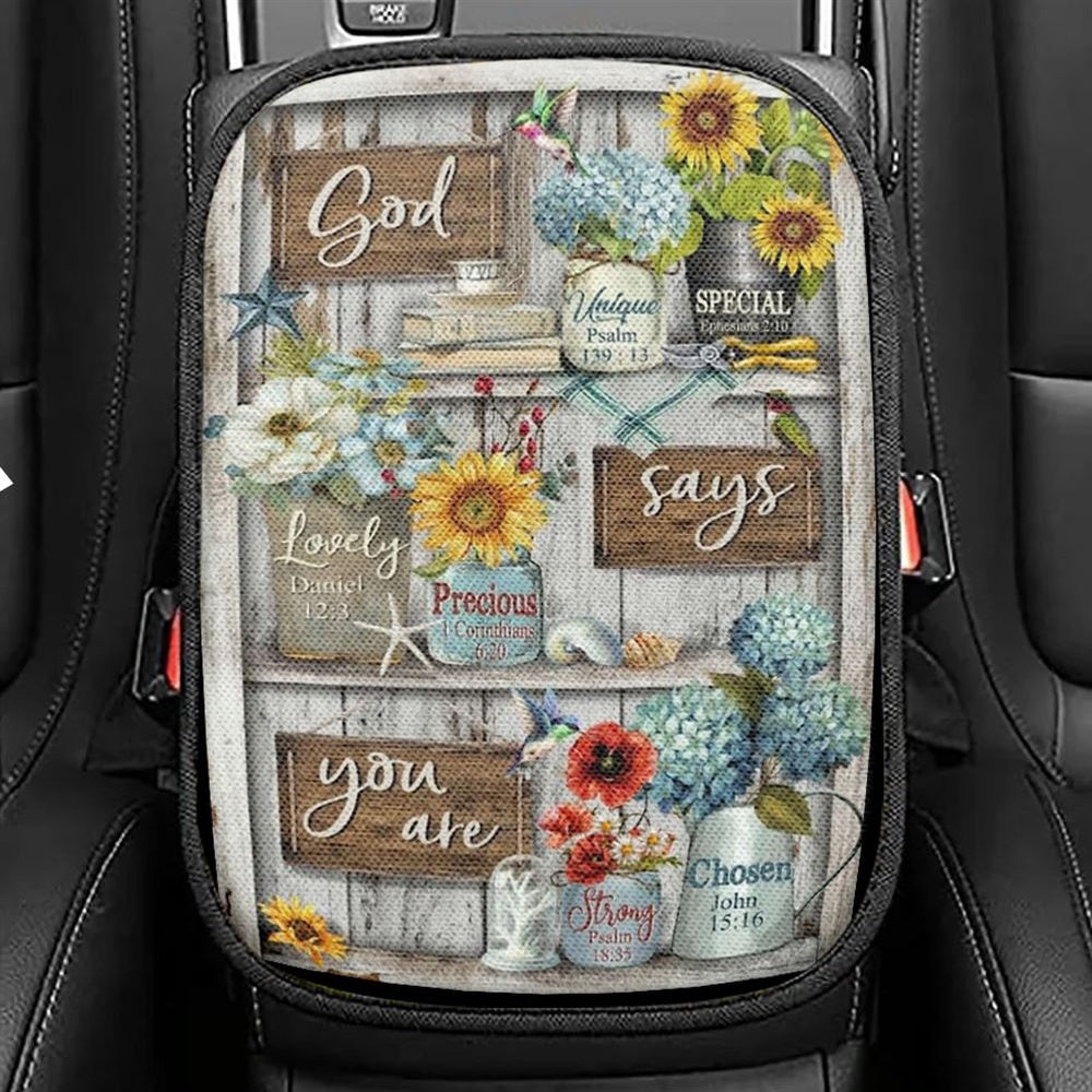 Lovely Flower Garden, Colorful Hummingbird, God Says You Are Car Center Console Cover, Christian Armrest Seat Cover, Bible Seat Box Cover