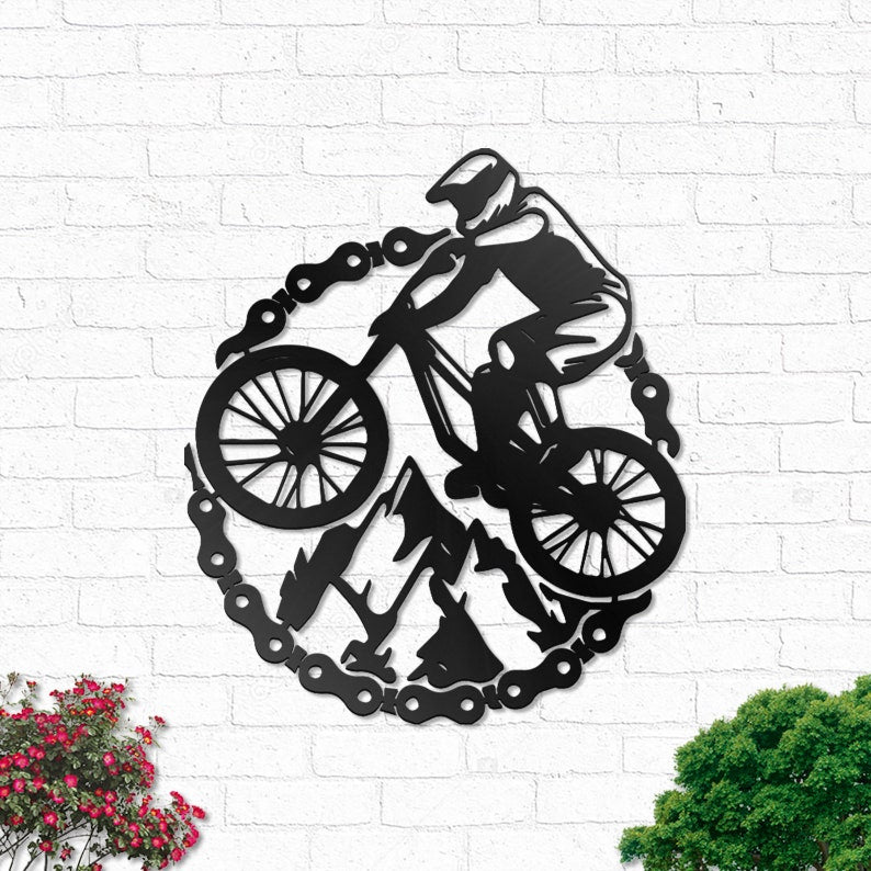 MTB Mountain Bike Metal Wall Art - Mountain Biker Sign Decoration For Living Room - Bike Rider Outdoor Home Decor Dad Gift