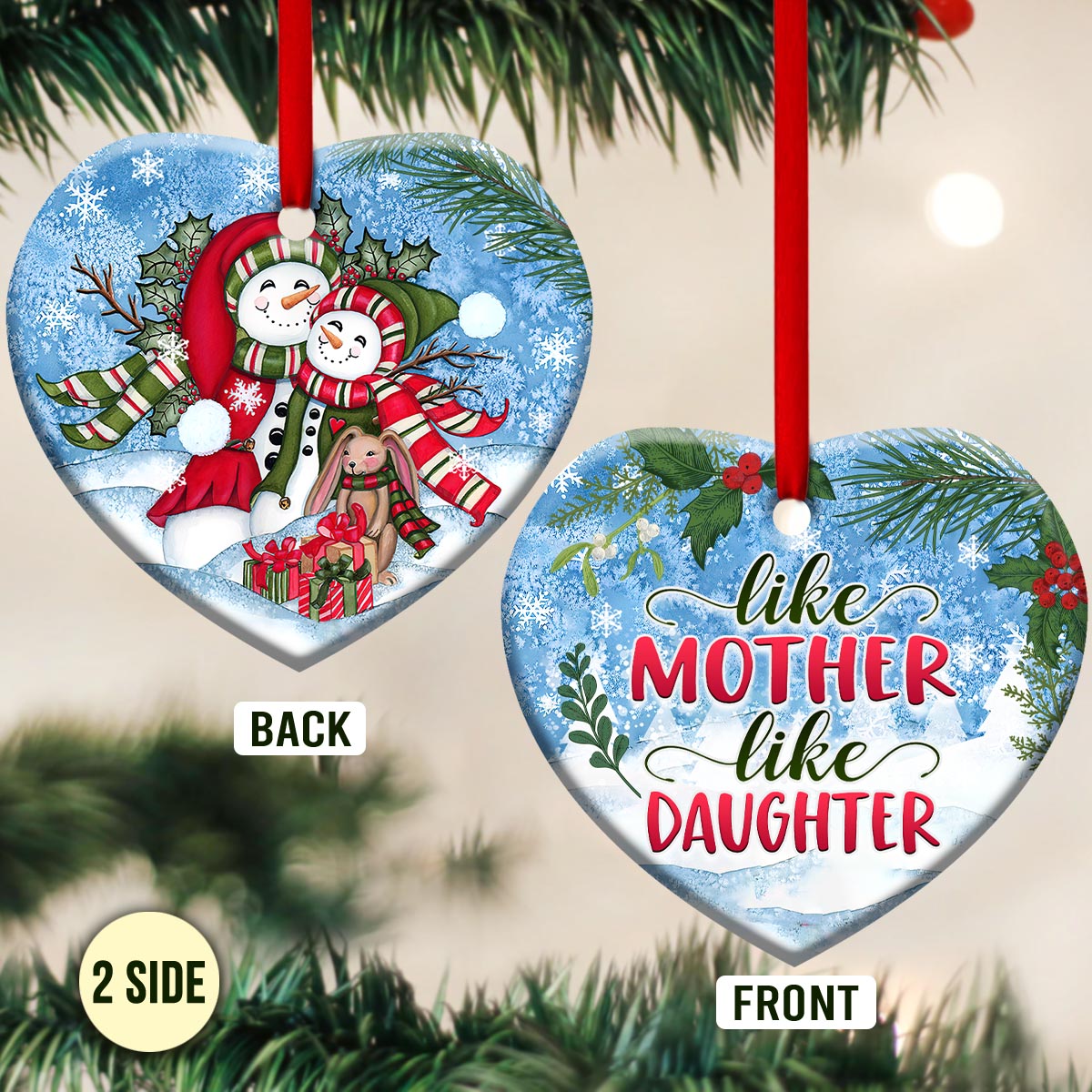 Mad Snowman Like Mother Like Daughter 2 Heart Ceramic Ornament - Christmas Ornament - Christmas Gift