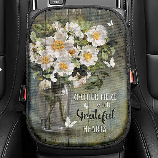 Magnolias Flower Gather Here With Grateful Hearts Seat Box Cover, Christian Car Center Console Cover, Religious Car Interior Accessories