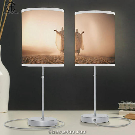 Man Coat Stand Desert Sands During Storm Raising Hands Pray Table Lamp Pictures - Faith Art - Christian Table Lamp For Bedroom Decor
