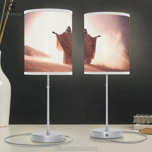 Man Coat Stand Desert Sands During Storm Raising Hands Praying Table Lamp Pictures - Faith Art - Christian Table Lamp For Bedroom Decor