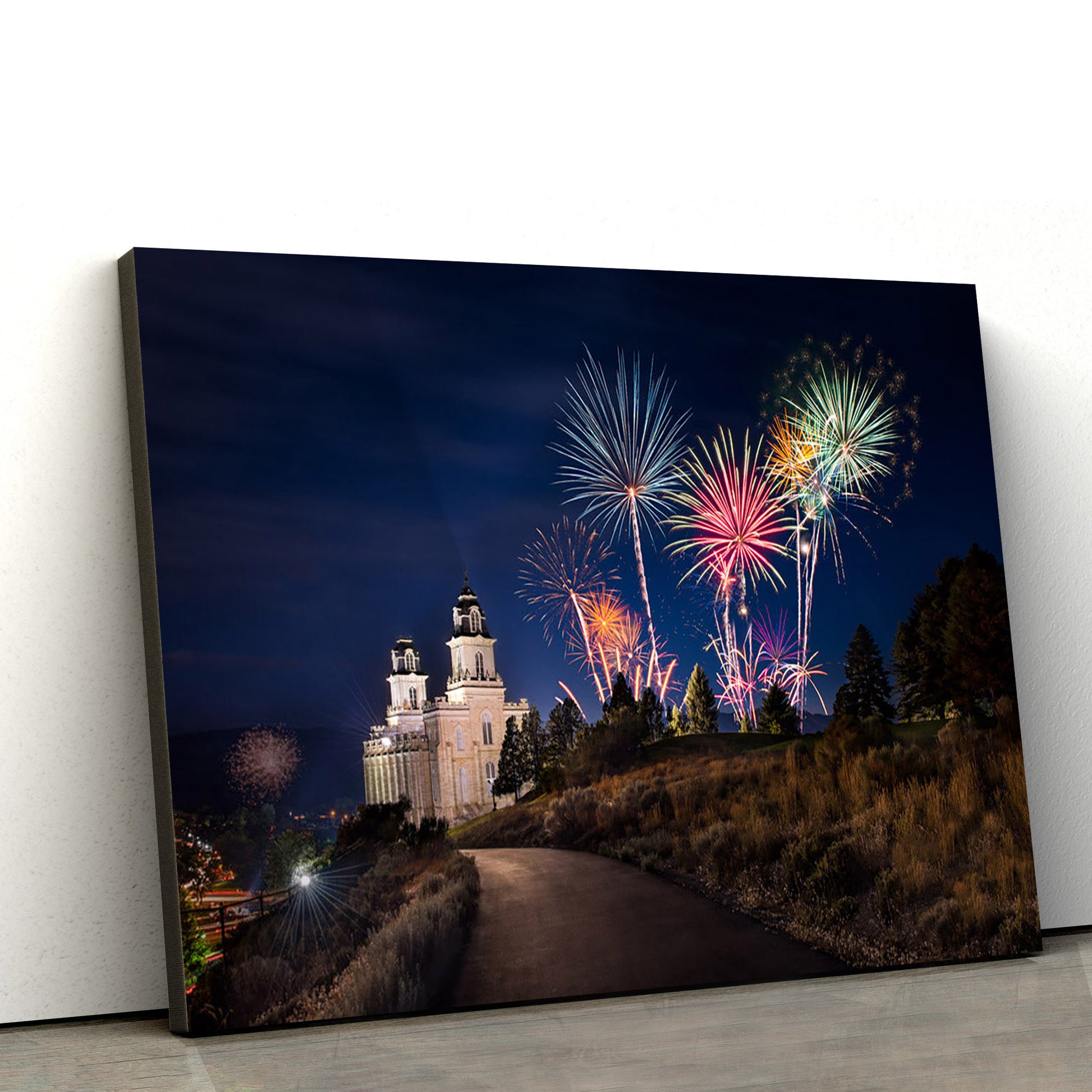 Manti Temple Fireworks Canvas Wall Art - Jesus Christ Picture - Canvas Christian Wall Art