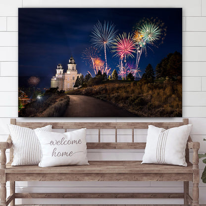 Manti Temple Fireworks Canvas Wall Art - Jesus Christ Picture - Canvas Christian Wall Art