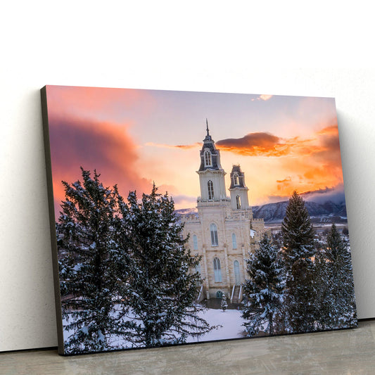 Manti Temple Snow Covered Valley Canvas Wall Art - Jesus Christ Picture - Canvas Christian Wall Art