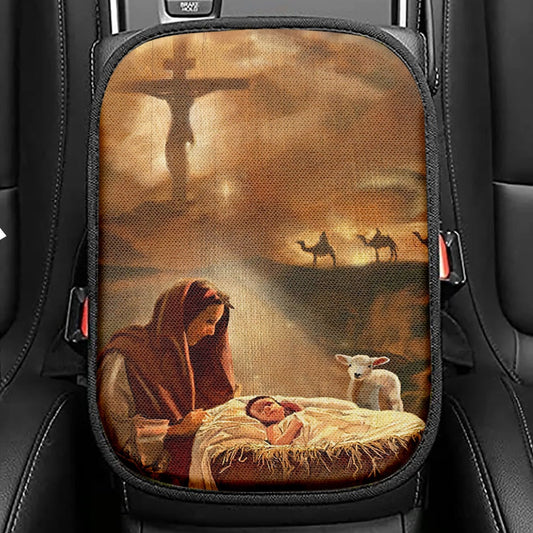 Maria And Jesus Seat Box Cover, Jesus Car Center Console Cover, Christian Car Interior Accessories