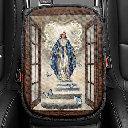 Maria Blue Butterfly Vintage Window The Way To Heaven Seat Box Cover, Inspirational Car Center Console Cover, Christian Car Interior Accessories