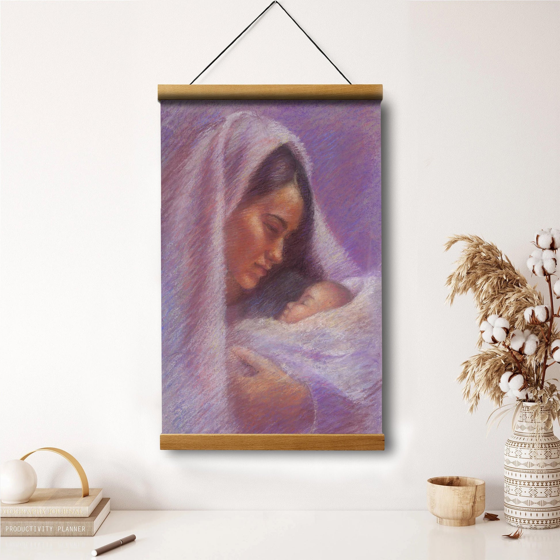 Mary Hanging Canvas Wall Art - Mary & Jesus Pastel - Christian Gift - Religious Canvas
