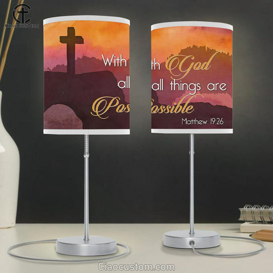 Matthew 1926 With God All Things Are Possible Cross Mountain Table Lamp For Bedroom - Christian Room Decor