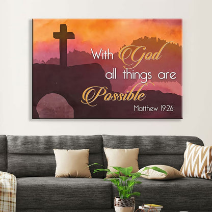 Matthew 1926 With God All Things Are Possible Cross Mountain Wall Art Canvas - Religious Wall Decor