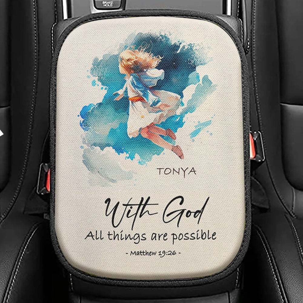 Matthew 196 With God All Things Are Possible Personalized Seat Box Cover, Religious Car Center Console Cover, Bible Car Interior Accessories