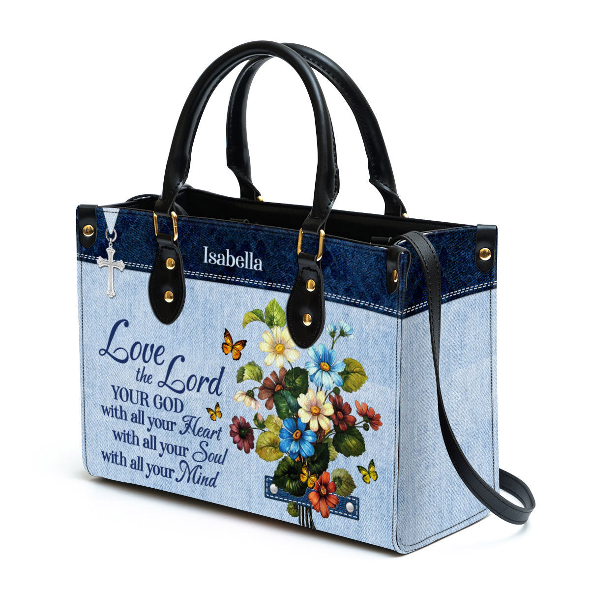 Matthew 2237 Personalized Flower Leather Handbag Love The Lord Your God With All Your Heart